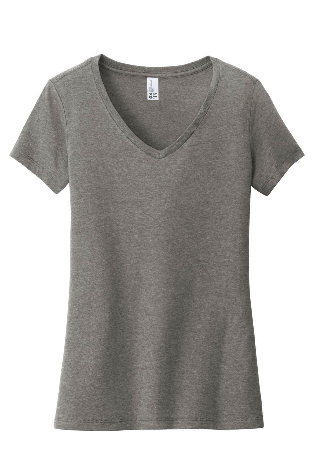 A grey women's V-neck t-shirt featuring short sleeves and a fitted design. Includes a logo.