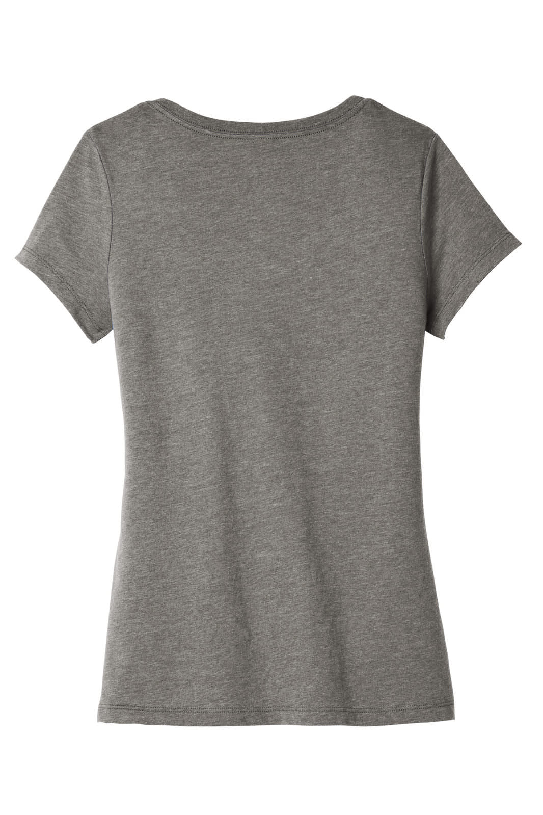 A grey women's V-neck T-shirt featuring a fitted design and short sleeves. It has a logo on the back.