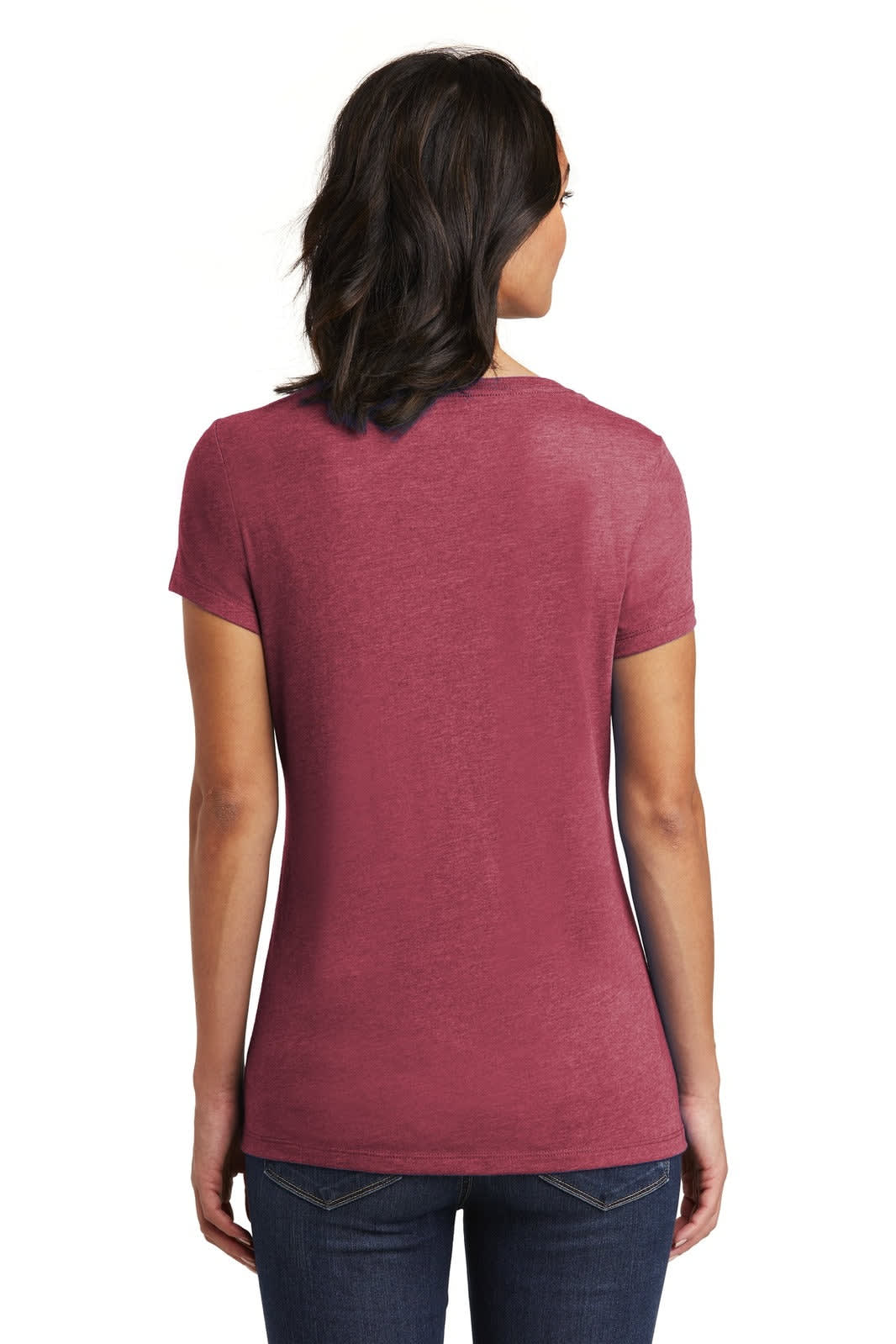 A woman is wearing a maroon V-neck T-shirt from the back, styled with short sleeves and fitted design.