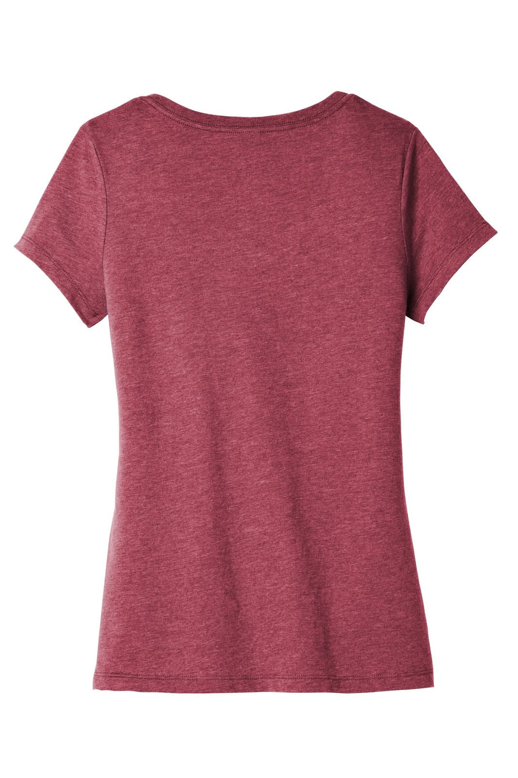 A maroon women's V-neck t-shirt with short sleeves, featuring a back view. It has a simple design and includes a logo.