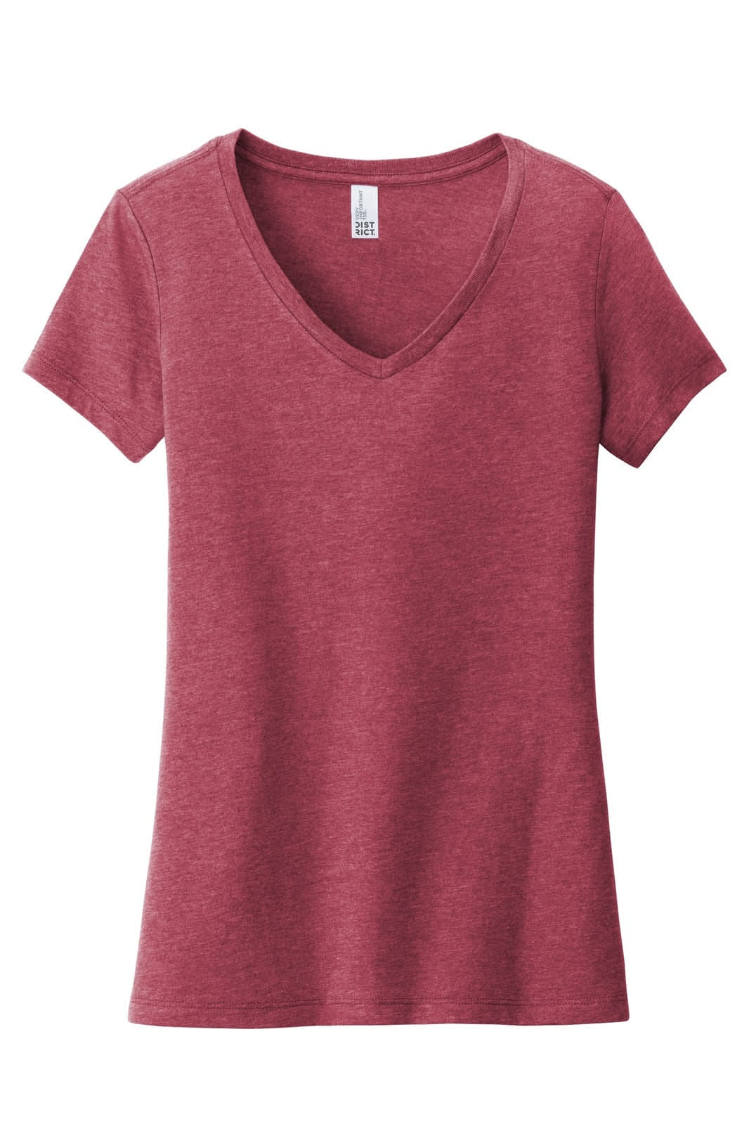 A red V-neck women's t-shirt featuring a fitted design and short sleeves, with a branding logo.