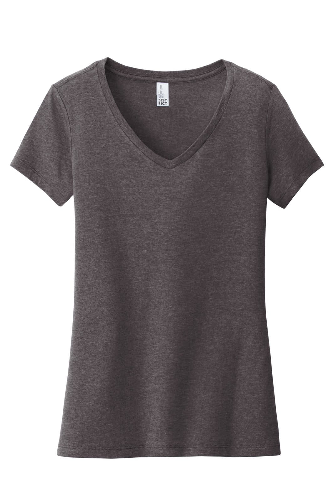 A dark grey women's V-neck T-shirt with short sleeves and a fitted design. It features a small logo.
