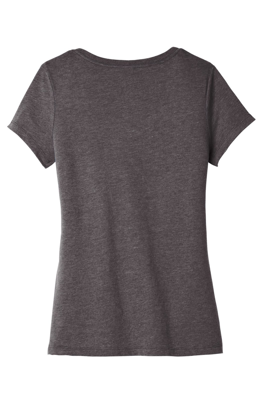 A grey women's V-neck t-shirt with short sleeves and a fitted design. The back view displays its simple silhouette.