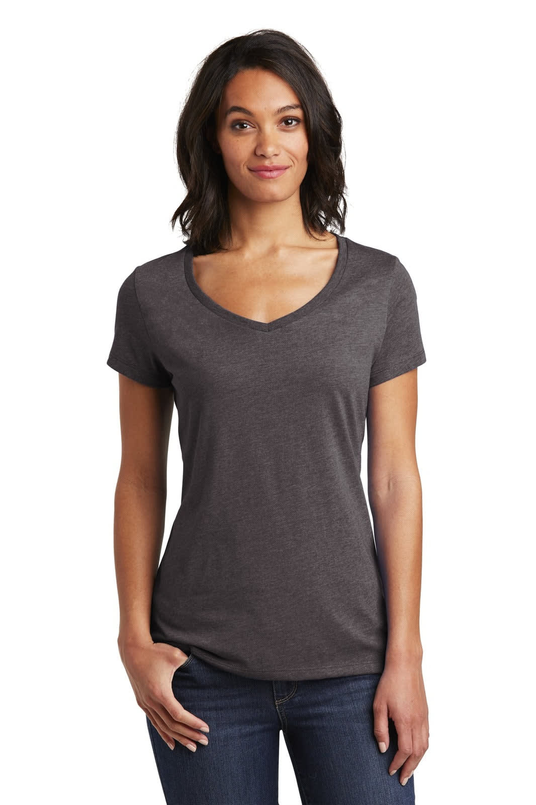 A women's v-neck t-shirt in dark grey, featuring short sleeves and a fitted design. It has a logo on the shirt.