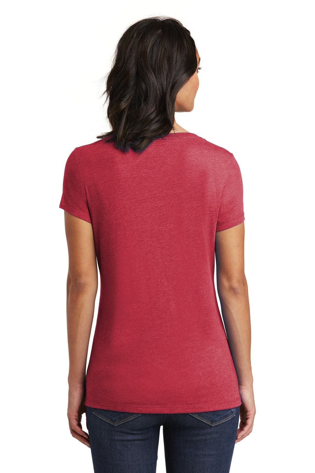 A woman wearing a red V-neck t-shirt from the back, featuring short sleeves and a fitted design.