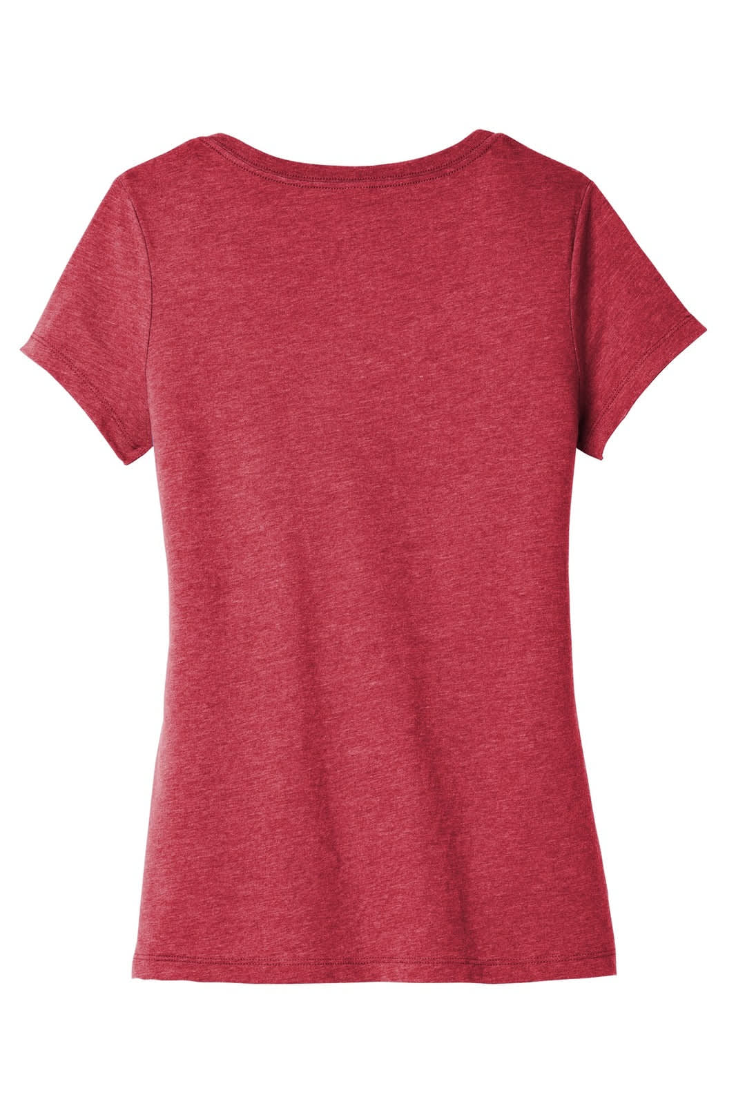A red women's v-neck t-shirt with short sleeves, featuring a simple design and a logo at the back.