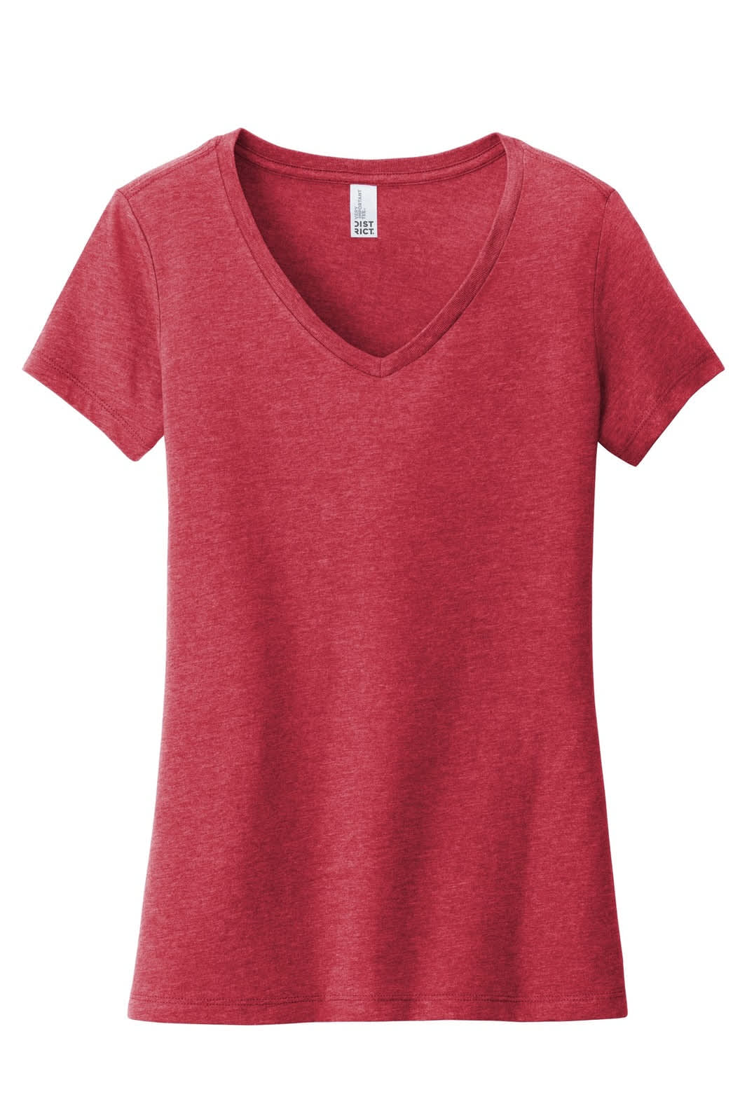 A red v-neck t-shirt with short sleeves. The shirt features a label and includes a logo.