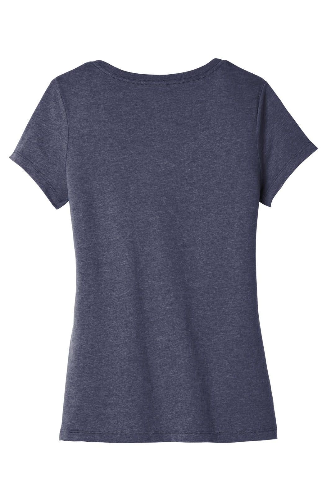A navy blue women's V-neck t-shirt with short sleeves and a fitted design, featuring a logo on the back.