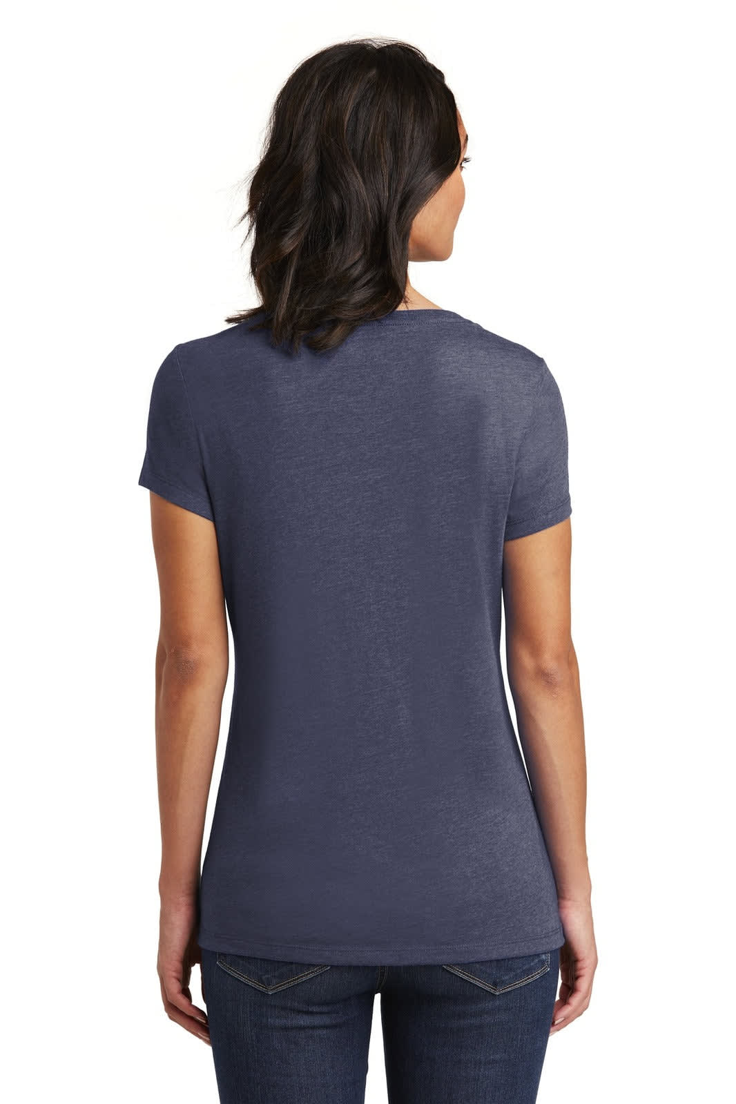 A women's navy blue V-neck t-shirt with short sleeves, featuring a subtle logo on the back.