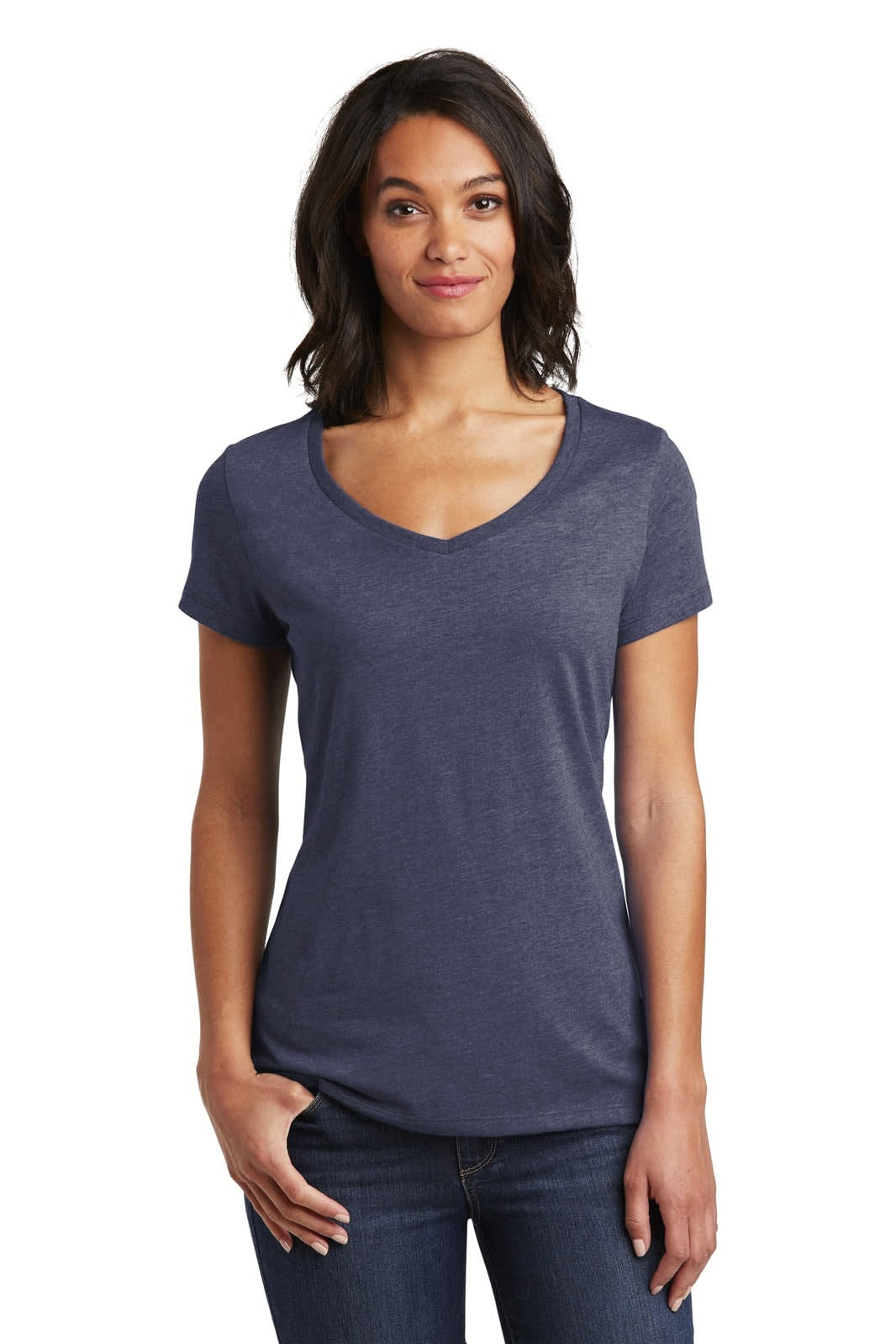 A navy blue women's v-neck t-shirt featuring short sleeves and a fitted silhouette, with a logo on the front.