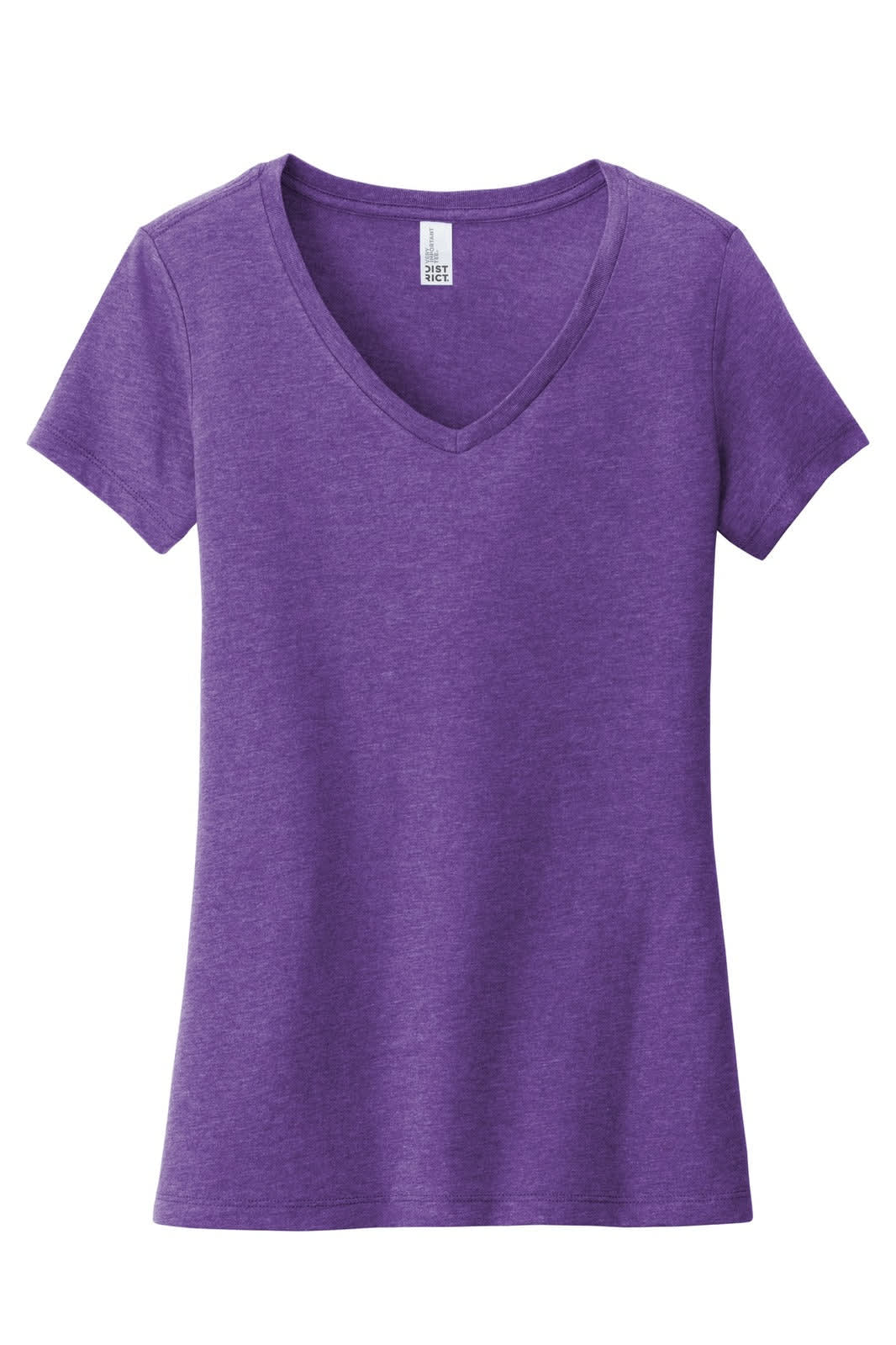 A purple v-neck t-shirt for women, featuring short sleeves and a soft fabric texture. Includes a branding logo.