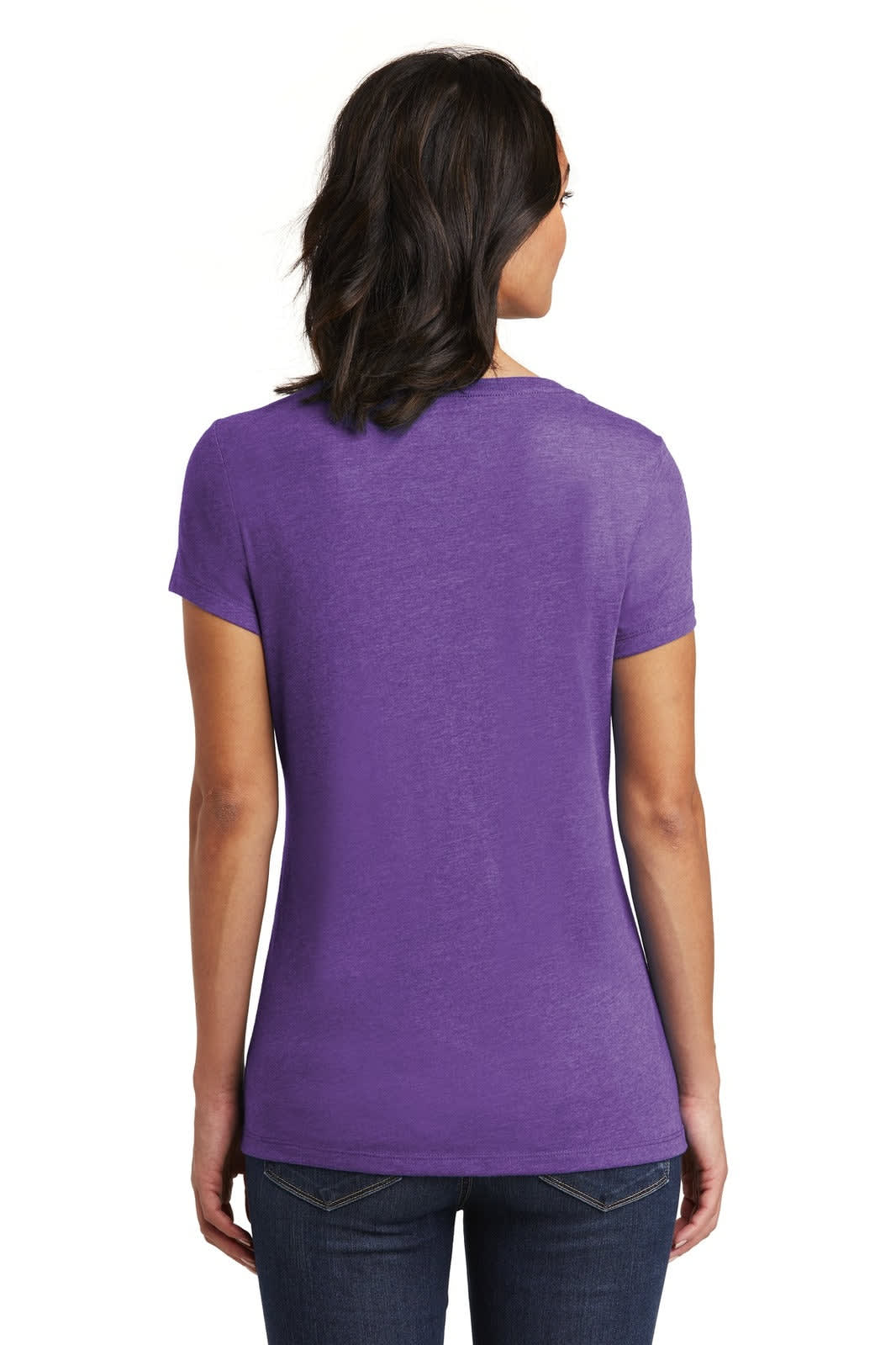 A purple women's V-neck t-shirt featuring a relaxed fit, shown from the back. Includes branding on the shirt.