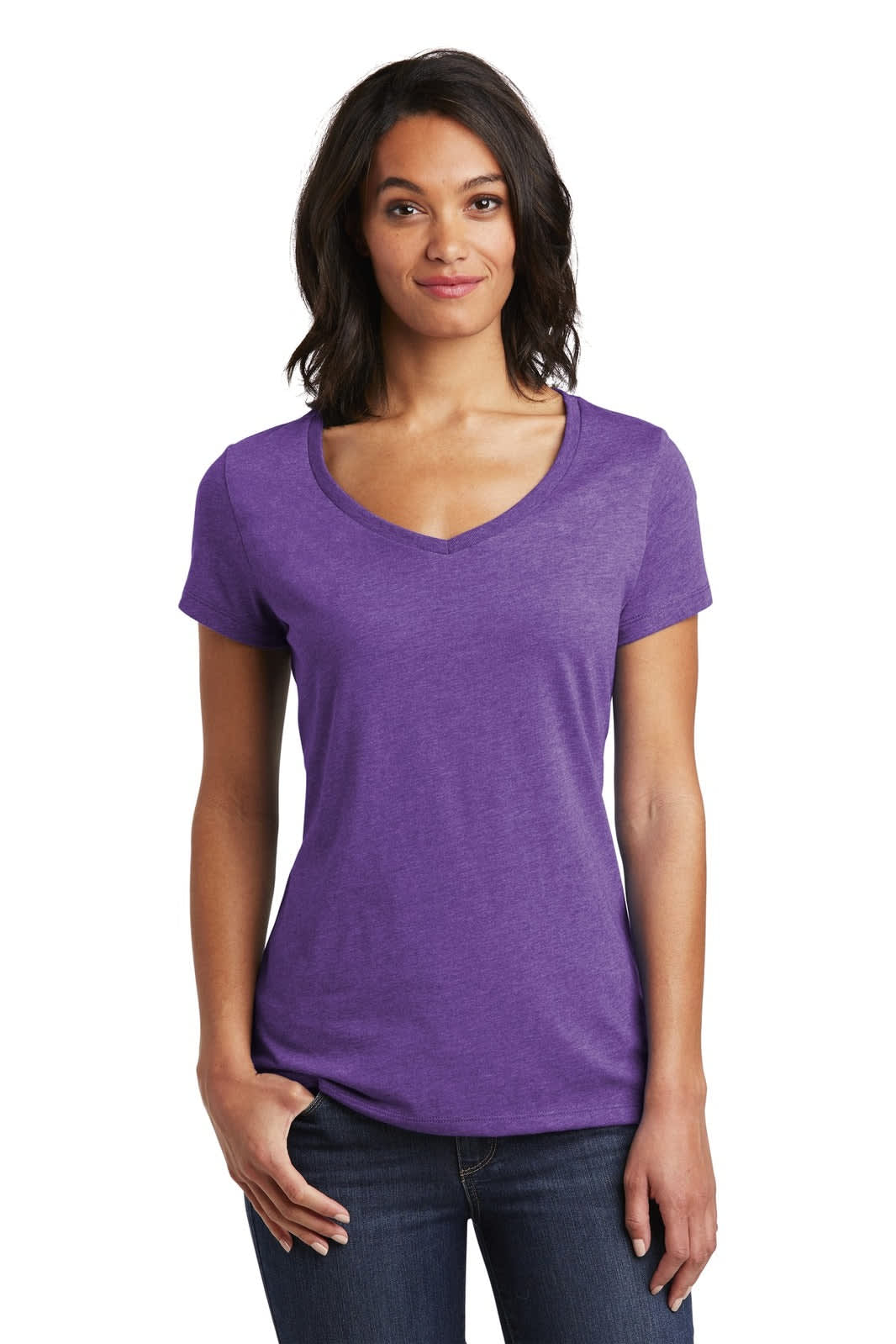 A purple women's v-neck t-shirt displayed on a model, featuring a fitted silhouette and short sleeves.