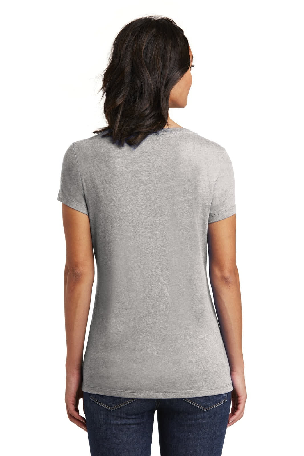 A grey women's v-neck t-shirt displayed on a model from the back, featuring short sleeves and a fitted style.