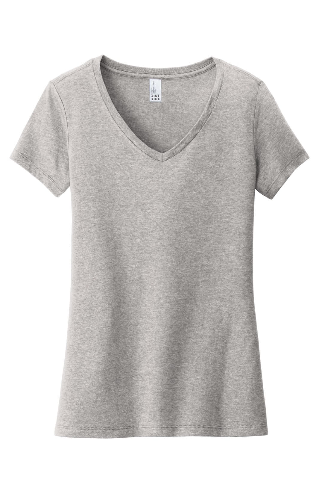 A women's grey V-neck t-shirt featuring short sleeves and a branding logo.