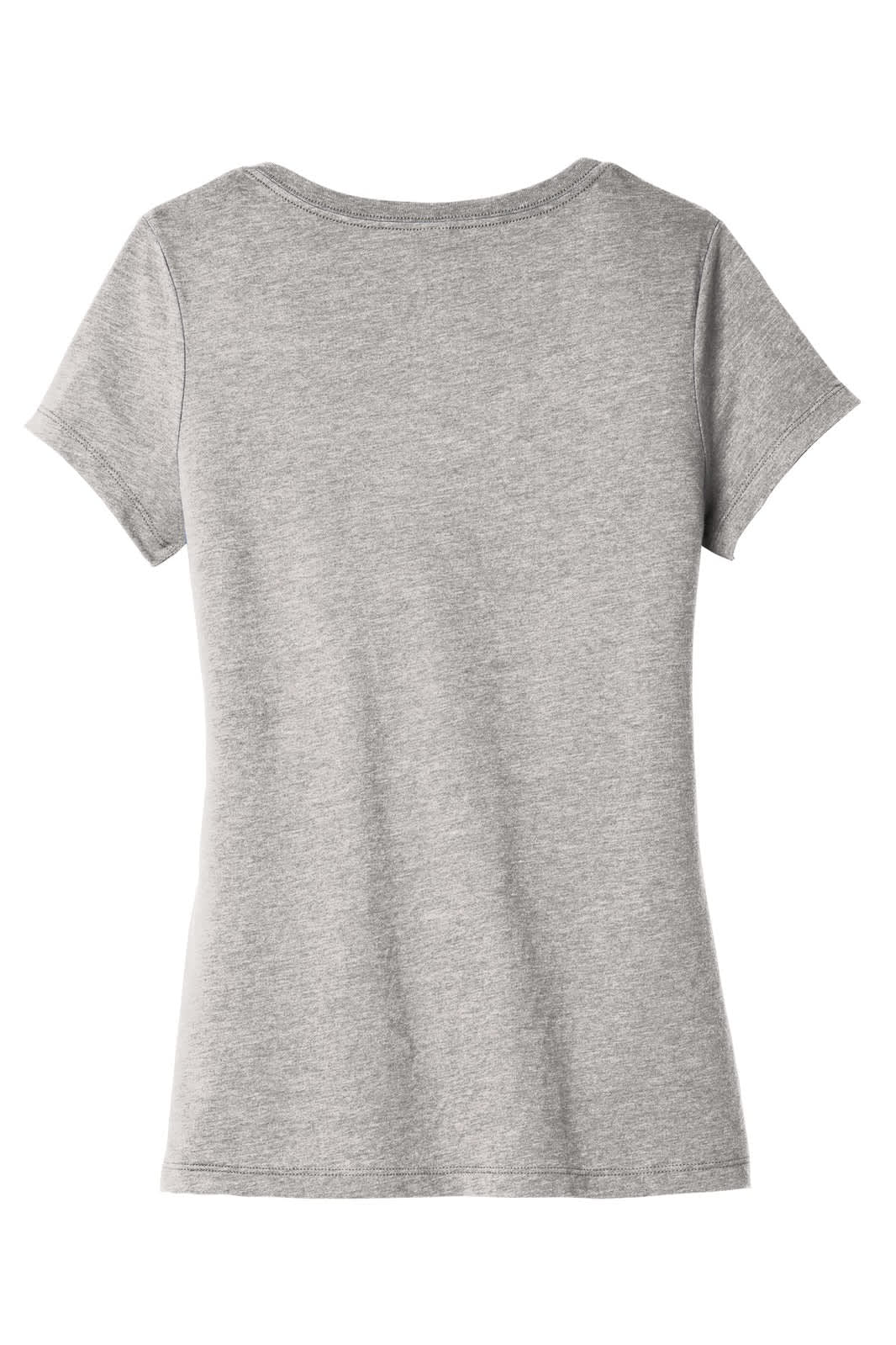 A grey V-neck t-shirt with short sleeves, featuring a logo on the back.