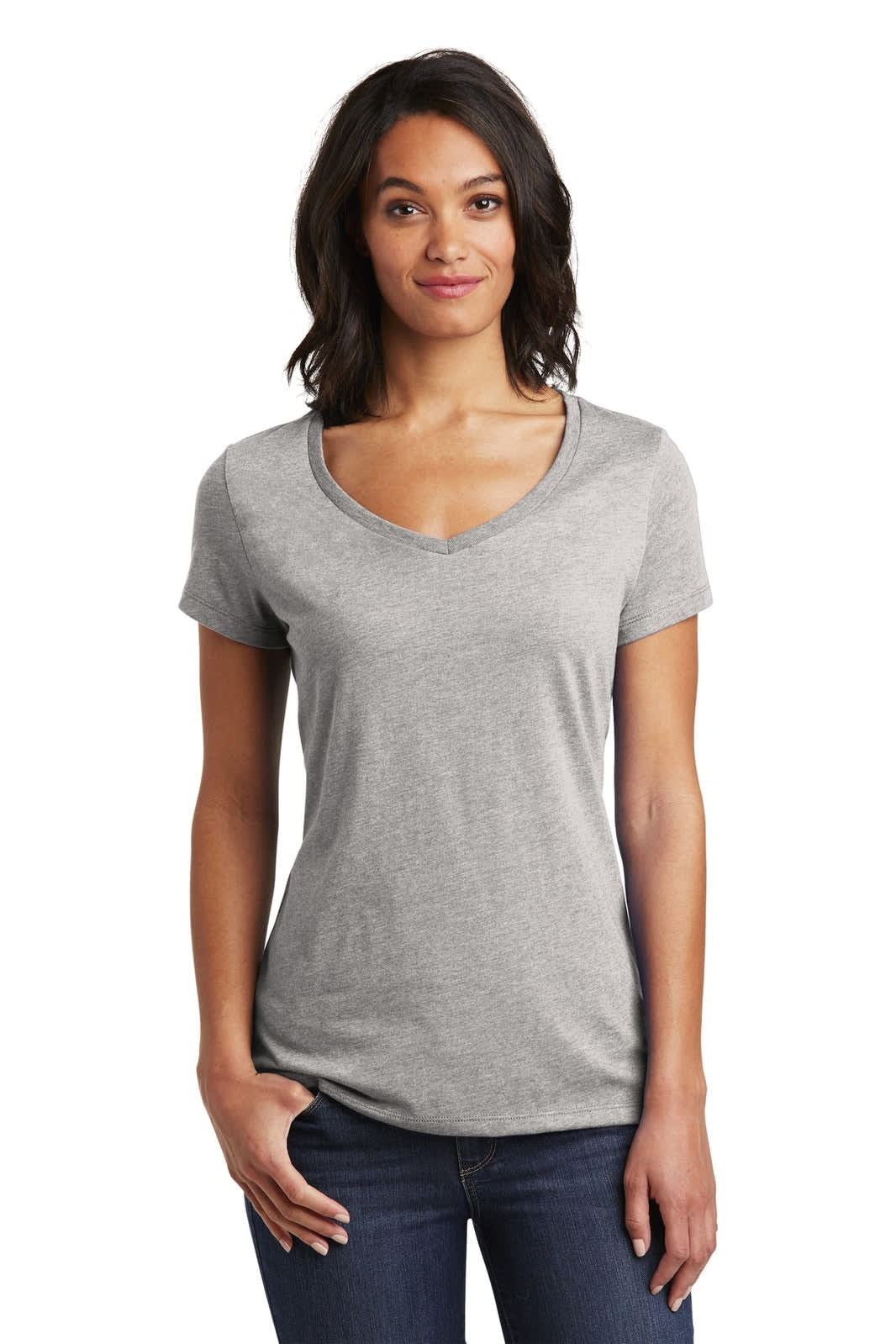 A grey V-neck t-shirt for women, featuring short sleeves and a fitted style. Includes a branding logo.