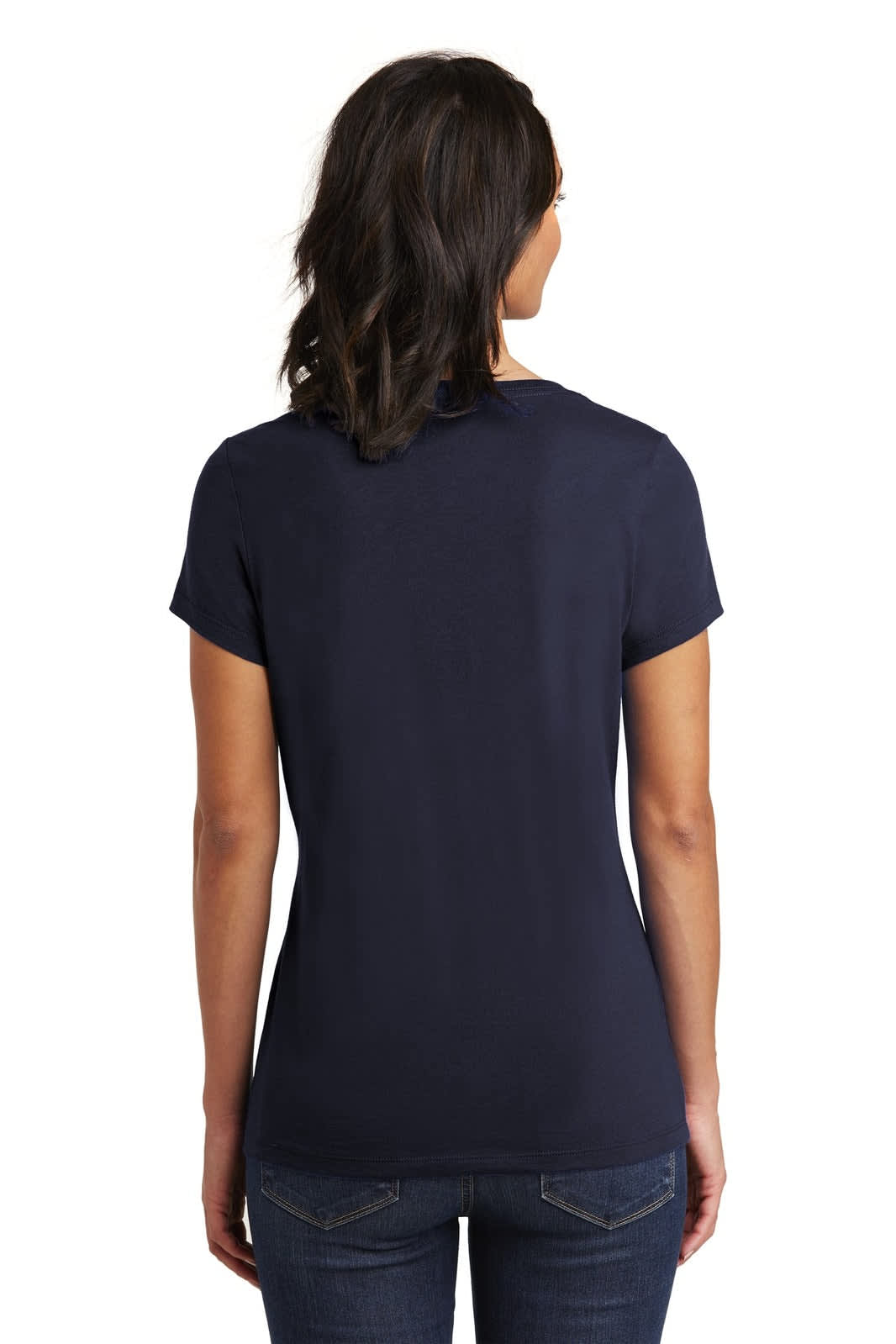 A navy v-neck t-shirt for women featuring a fitted design, shown from the back. It has a branding logo.