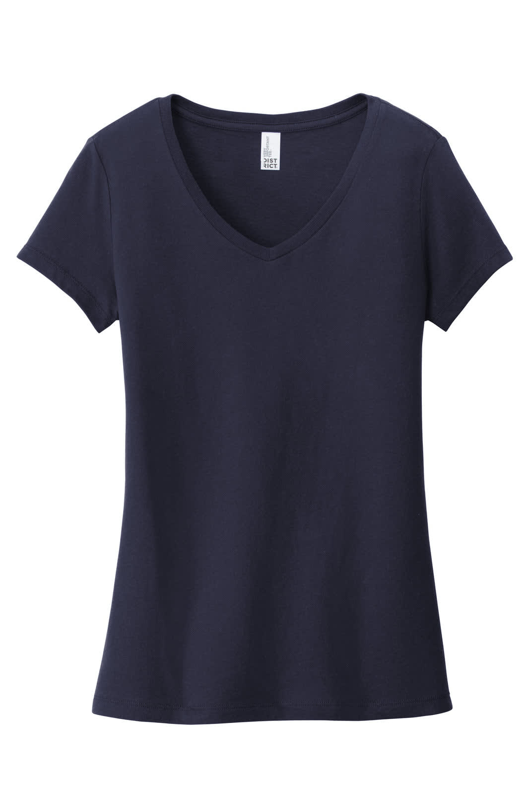 A navy V-neck t-shirt with short sleeves and a fitted style. It features a branding label inside.