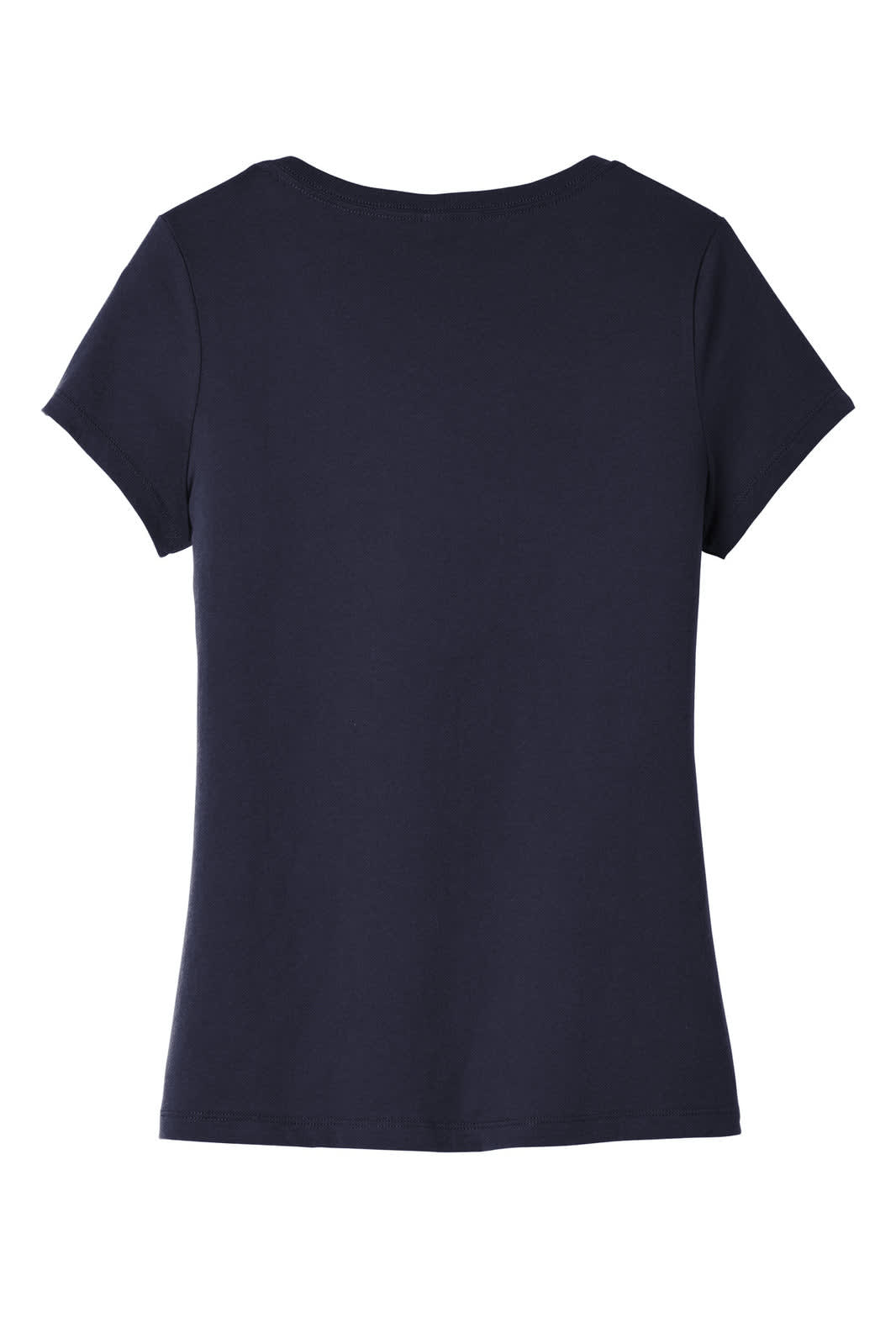 A navy blue women's V-neck t-shirt with short sleeves and a fitted silhouette, featuring a back view.