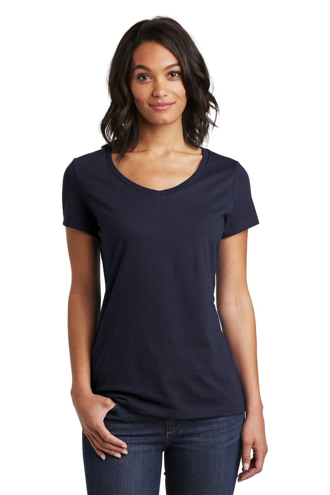 A navy blue v-neck women's t-shirt with short sleeves, featuring a logo on the front.