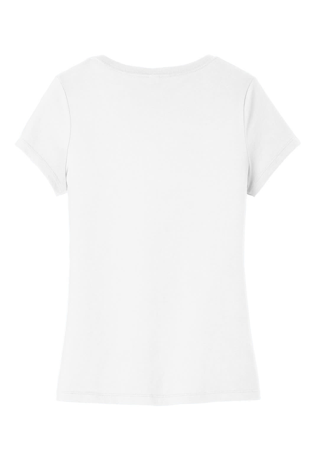 A white V-neck T-shirt for women, featuring short sleeves and a fitted design. It includes a branding logo.