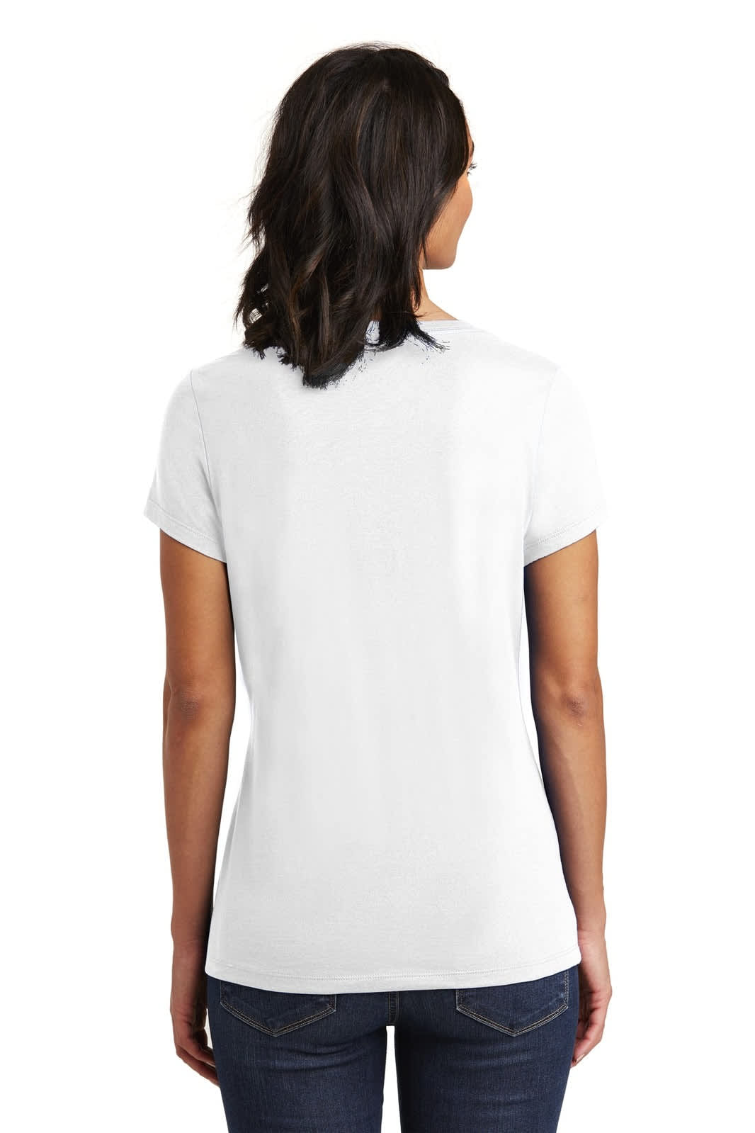 A white V-neck women's T-shirt displaying a fitted design, viewed from the back. It features a logo on the back.