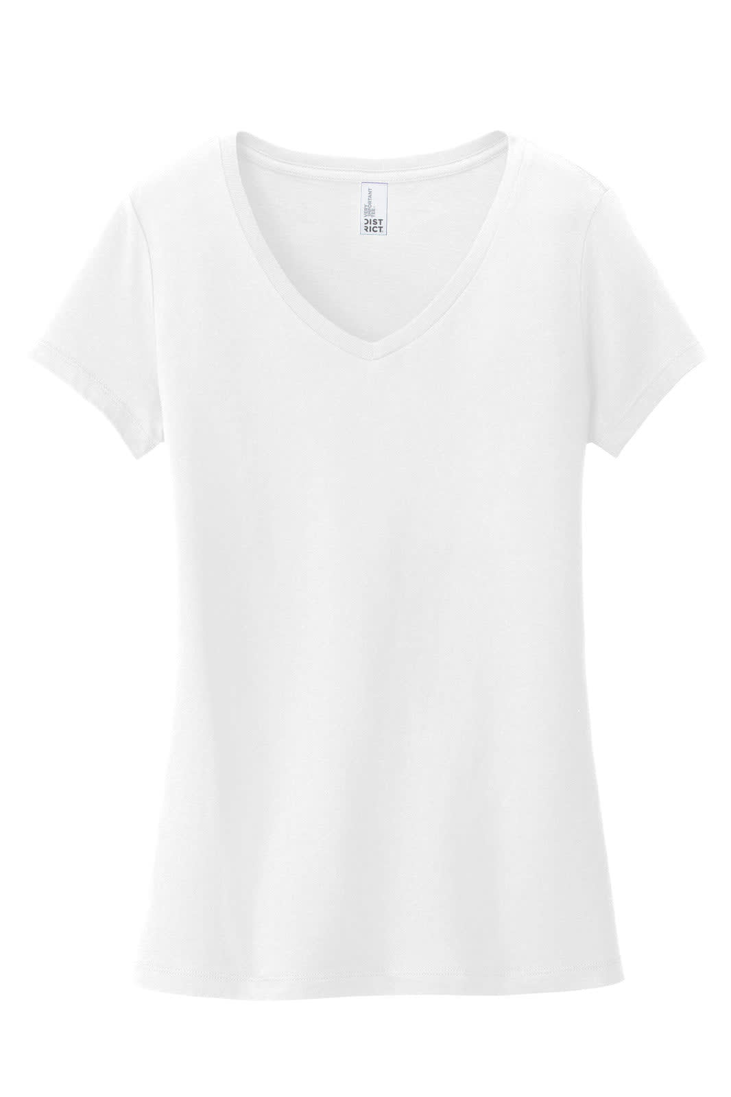 A white women's V-neck t-shirt with short sleeves, featuring a logo on the inside label.