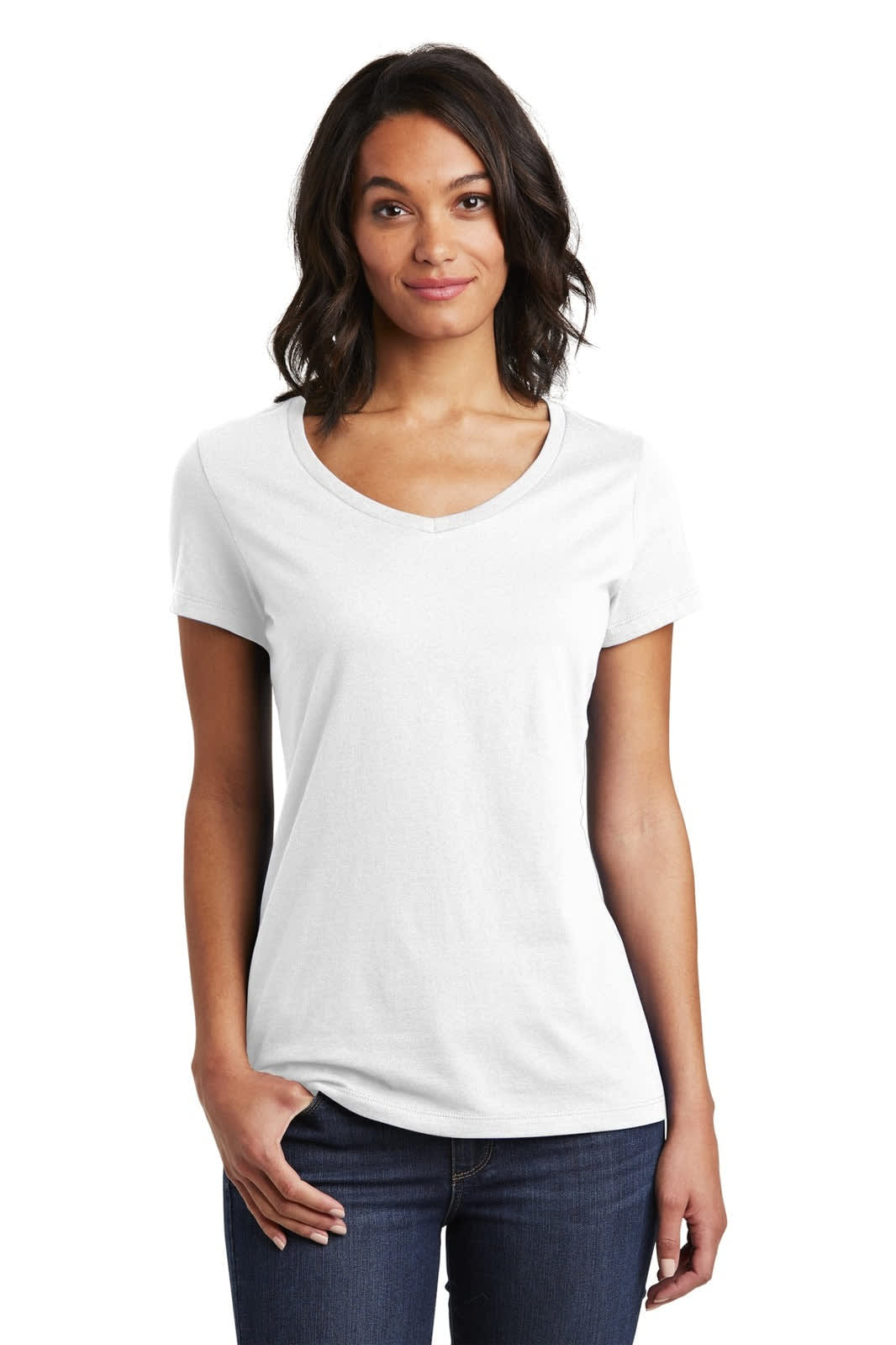 A white V-neck t-shirt for women, featuring short sleeves and a fitted design, with a small logo present.