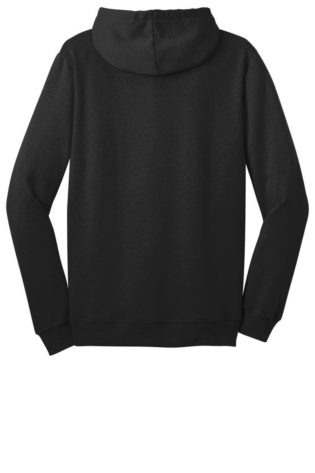A black full-zip hoodie with a relaxed fit and a hood, featuring long sleeves and a plain back.