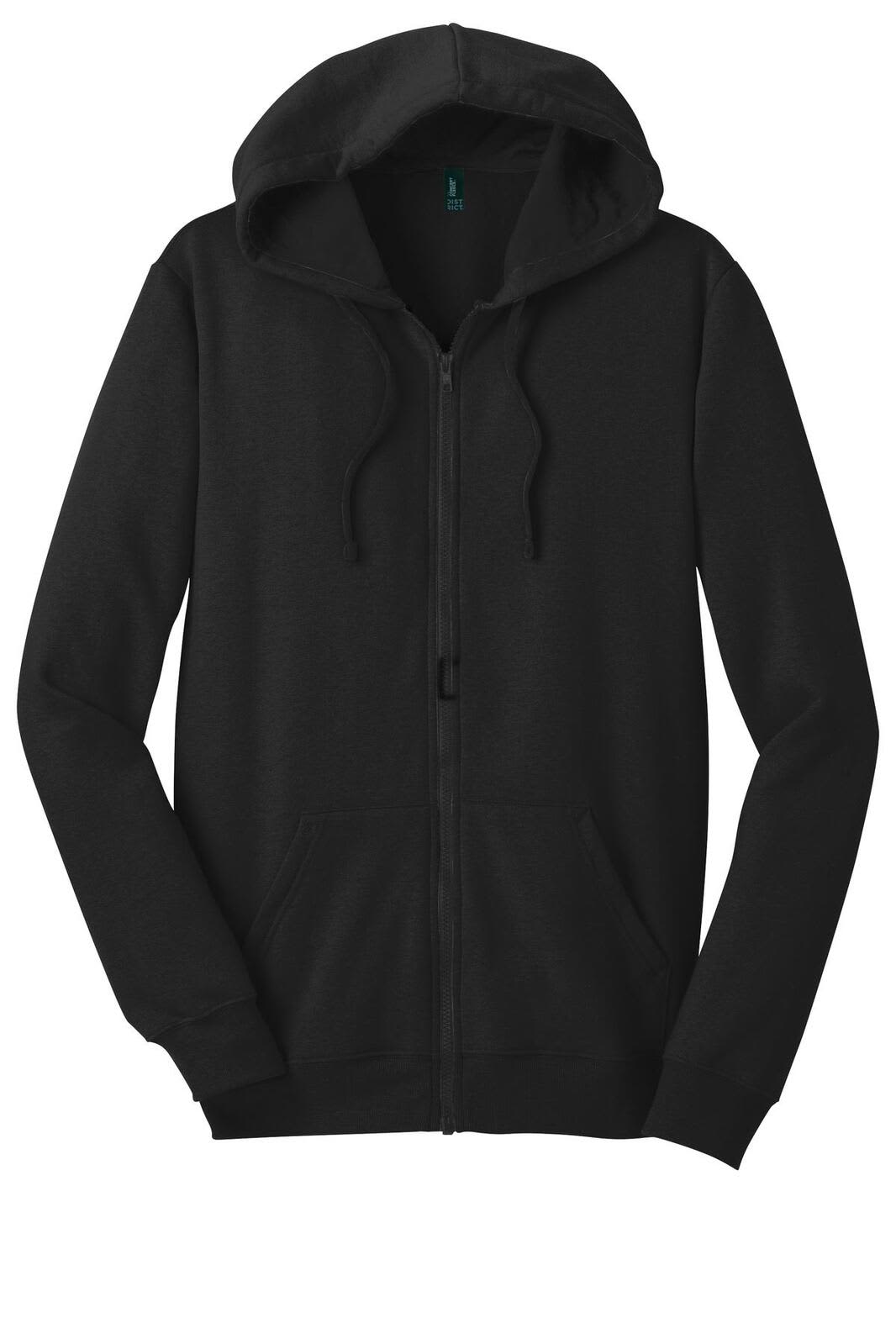 A black full-zip hoodie with a hood and front pockets, featuring a logo.