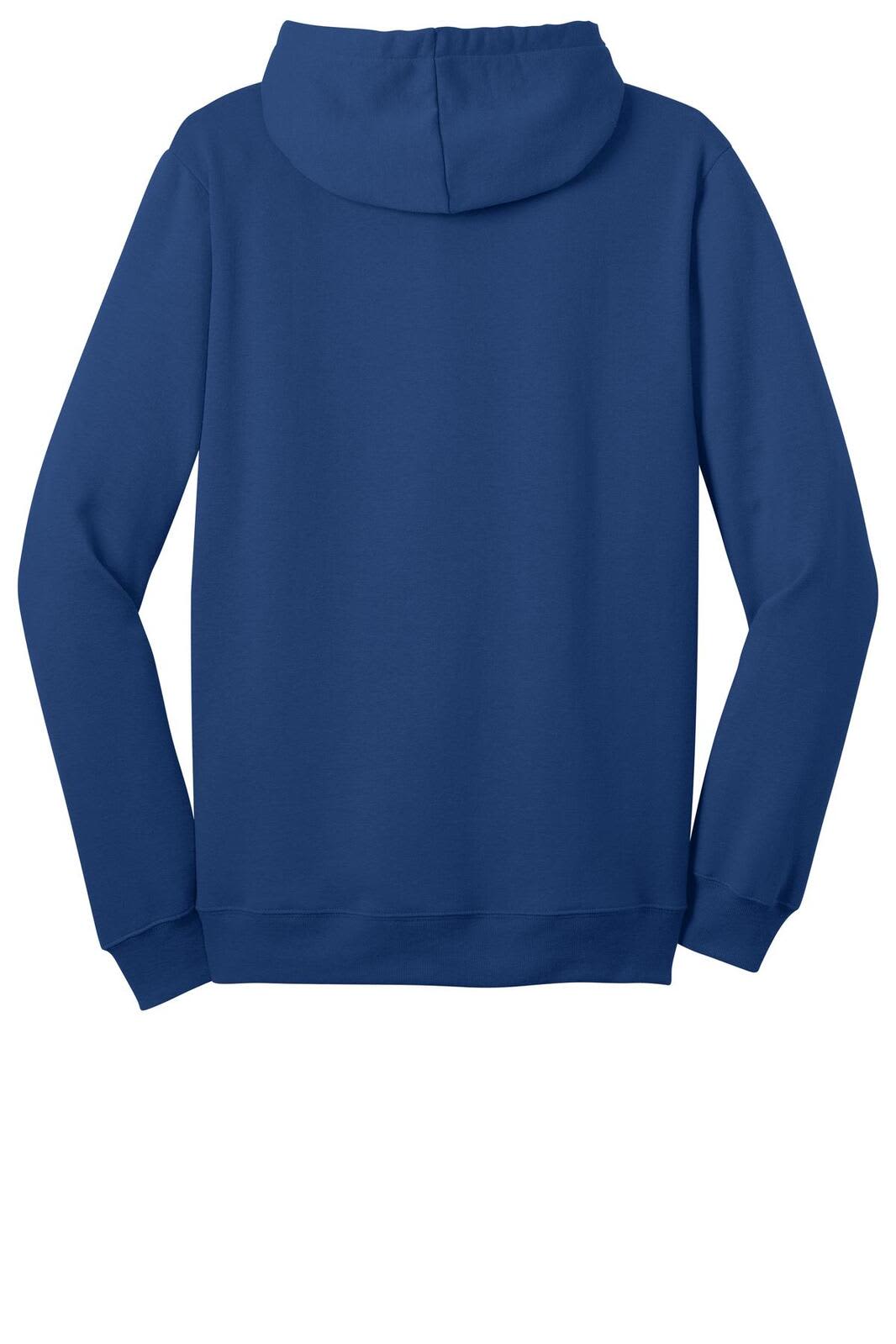 A navy blue full-zip hoodie featuring a hood and long sleeves, with a logo on the back.
