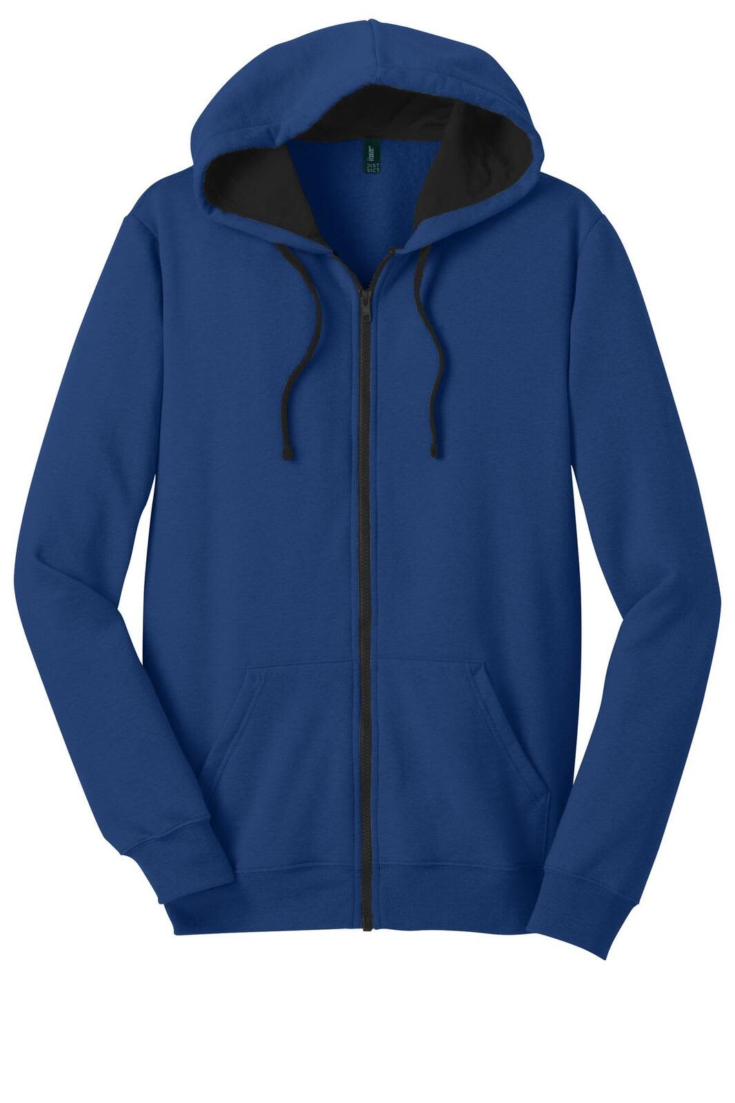 A blue full-zip hoodie with a black interior and front pockets, featuring drawstrings and a hood.
