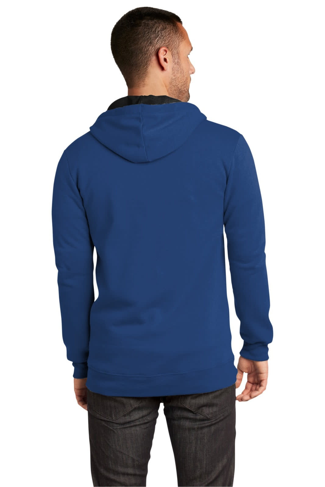 A blue full-zip hoodie with a hood, featuring long sleeves and a fitted design, seen from the back.