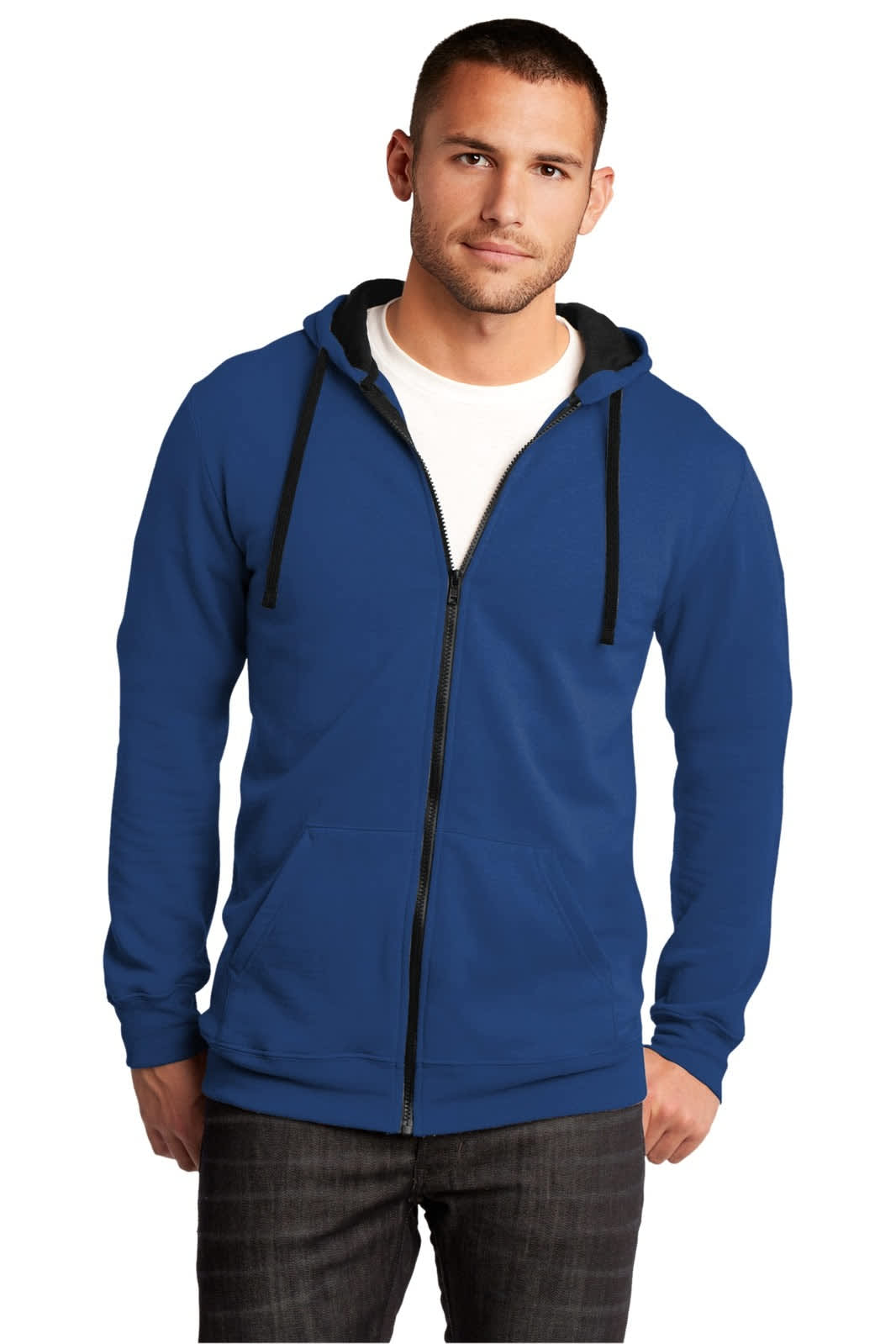 A blue full-zip hoodie with a hood and contrasting drawstrings, featuring a logo on the front.