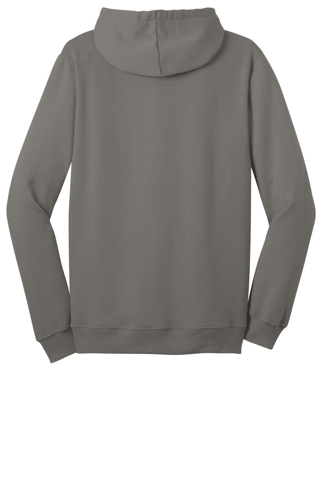 A full-zip hoodie in grey, featuring a hood and long sleeves. Includes a logo on the back.