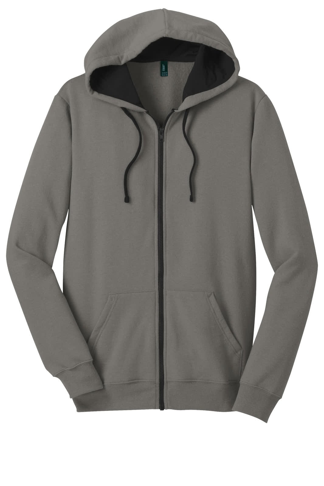 A full-zip hoodie in a grey colour with a black inner lining and a hood. It features long sleeves and front pockets.