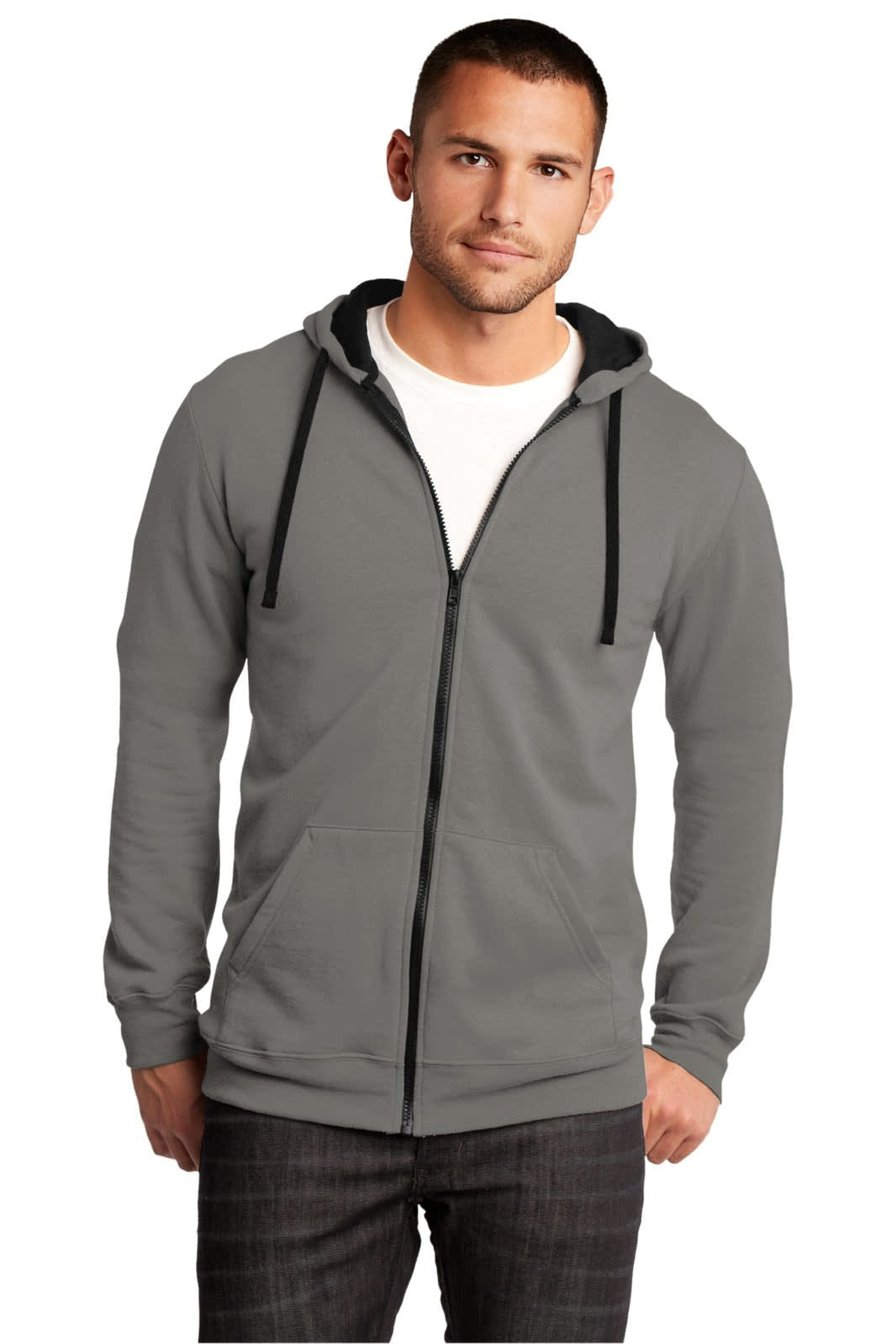 A man is wearing a grey full-zip hoodie with a hood and black drawstrings, featuring a logo.