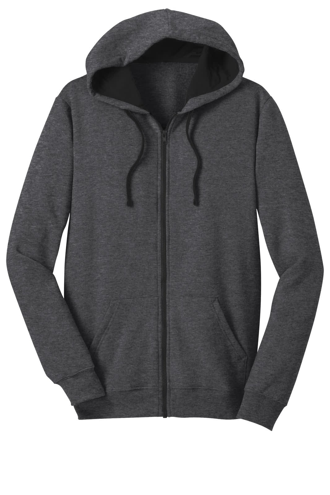 A full-zip hoodie in dark grey, featuring a hood and pockets, with a simple design and branding.