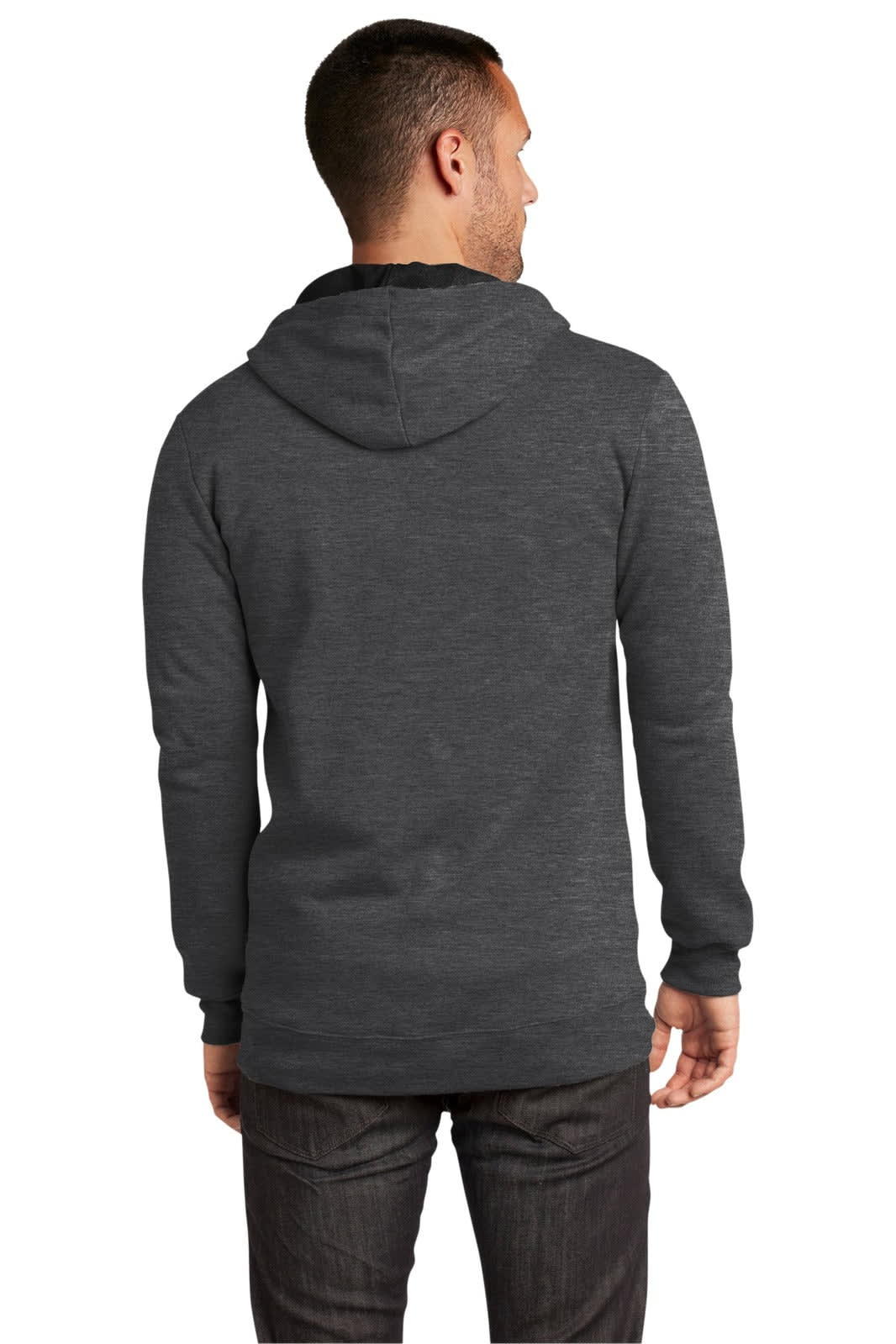A back view of a dark grey full-zip hoodie with a hood, featuring a logo on the garment.