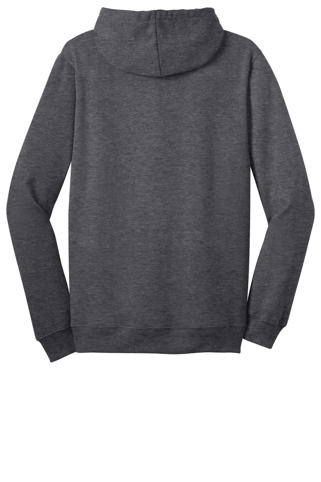 A grey full-zip hoodie with a hood and long sleeves, featuring a logo on the back.