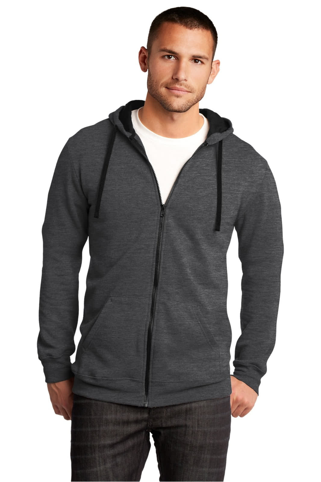A young man wearing a charcoal grey full-zip hoodie with a hood and front pockets, featuring a logo.