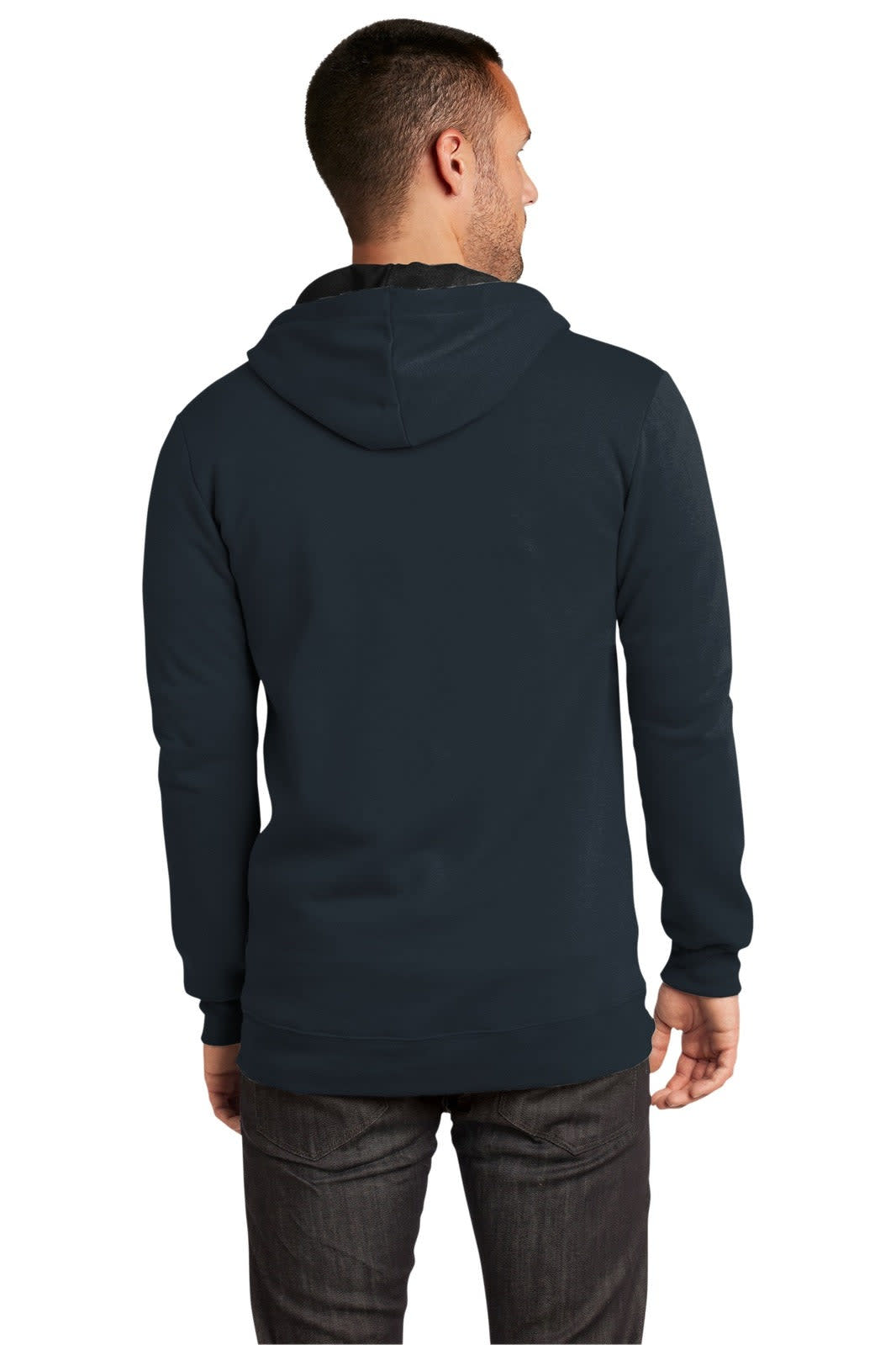 A navy full-zip hoodie with a hood, featuring a back view of a male model. It has a logo on the side.