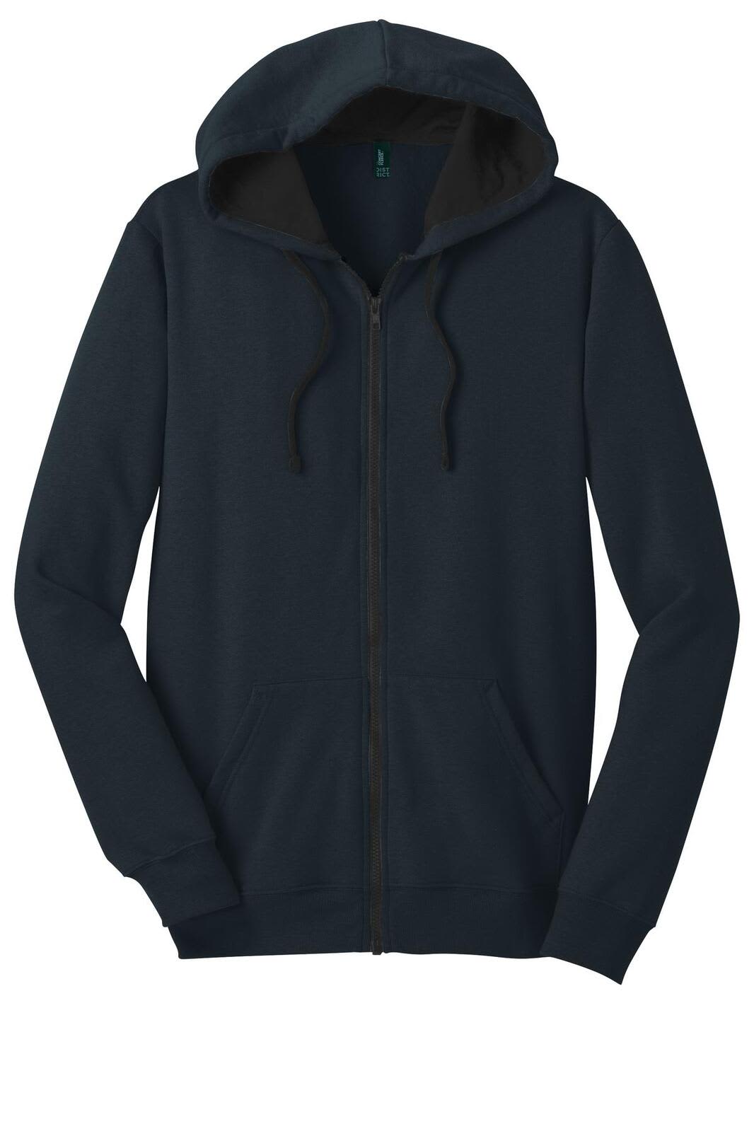 A navy blue full-zip hoodie with a hood, featuring a logo and two front pockets.