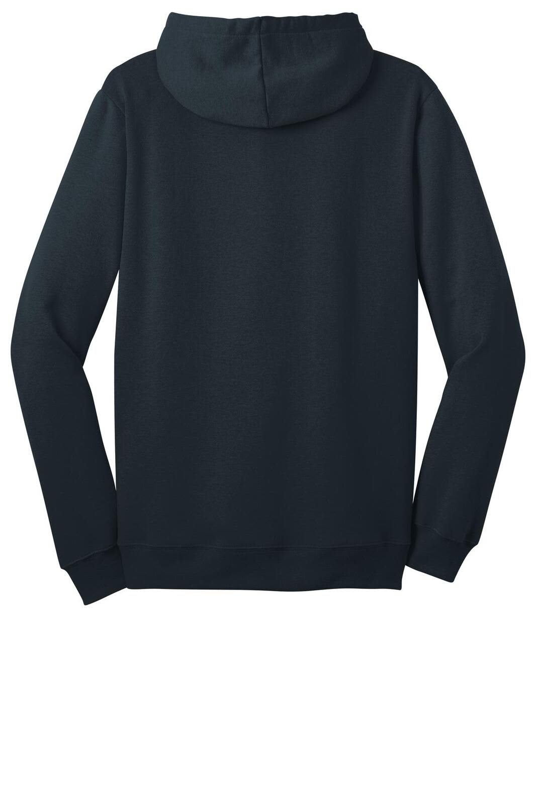 A black full-zip hoodie with a hood, featuring long sleeves and a simple design on the back.