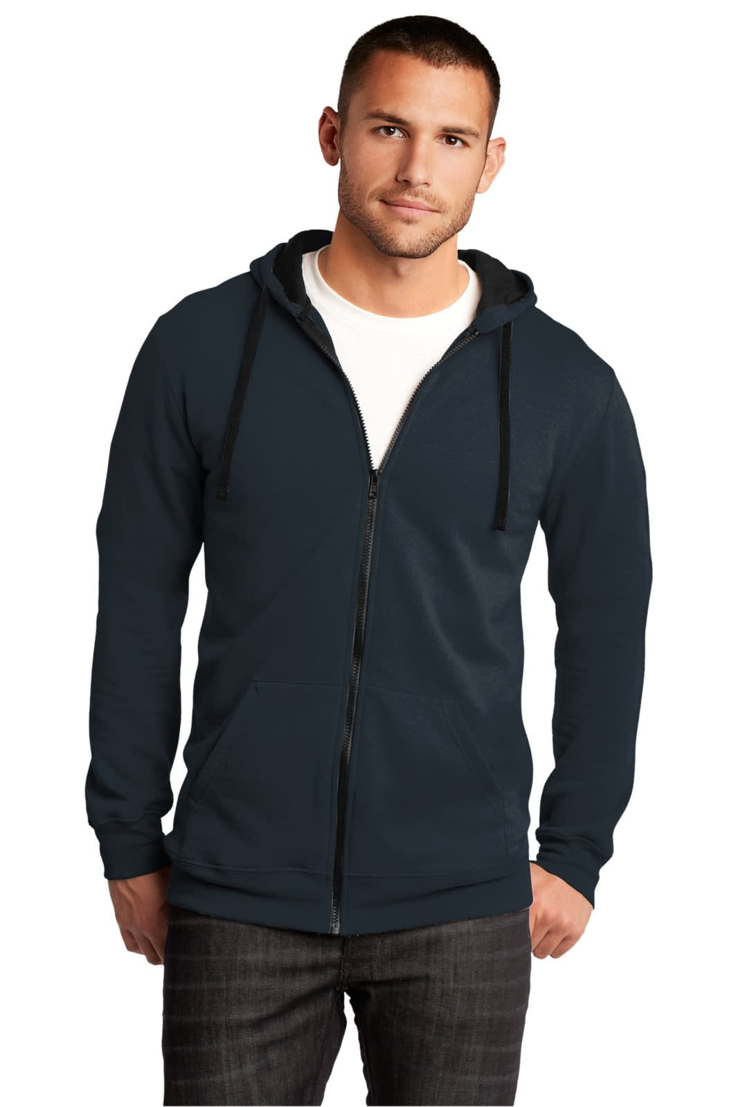 A dark navy full-zip hoodie featuring a front pocket and a hood, worn by a male model.