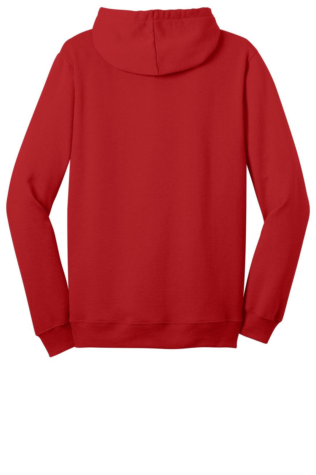 A red full-zip hoodie with a hood and long sleeves, featuring a branding logo.