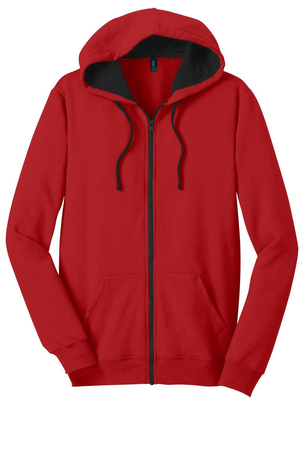 A red full-zip hoodie featuring a black-lined hood and pockets, designed for young men. It has a logo.