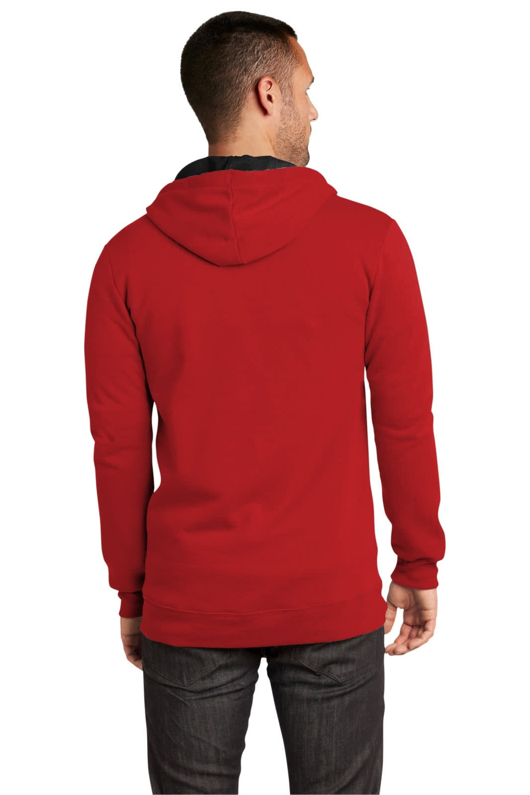 A red full-zip hoodie with a hood, featuring a logo on the back, worn by a model facing away.