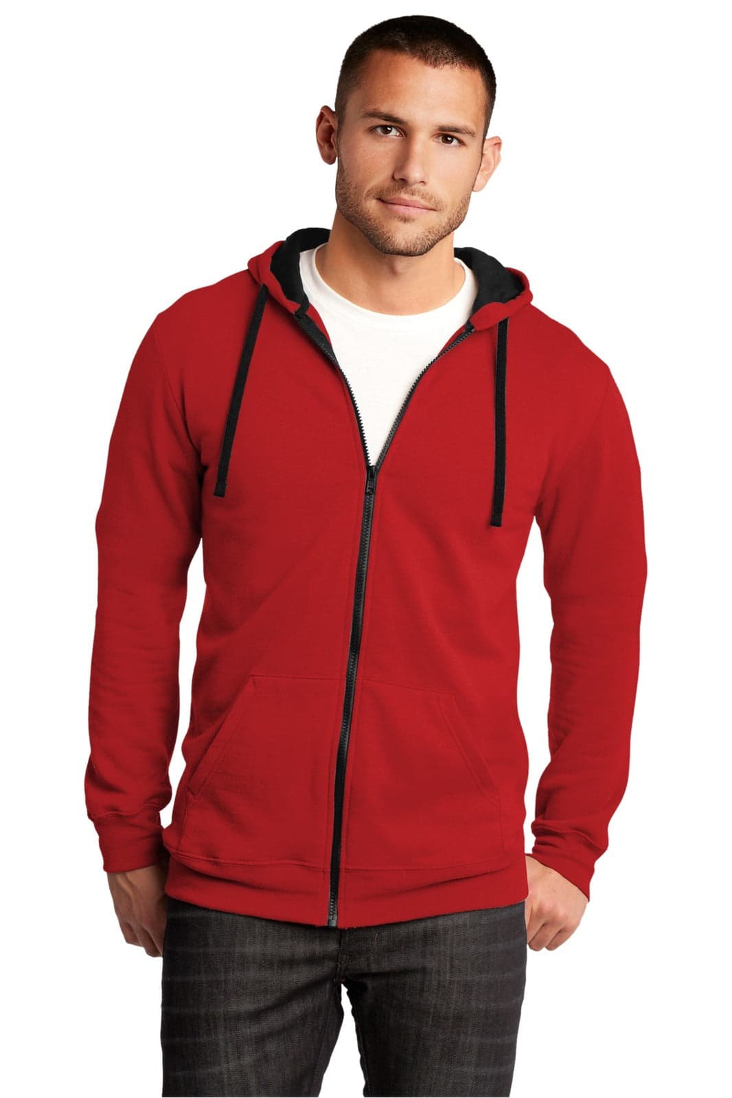 A man wearing a red full-zip hoodie with a dark hood and black drawstrings, featuring a logo.